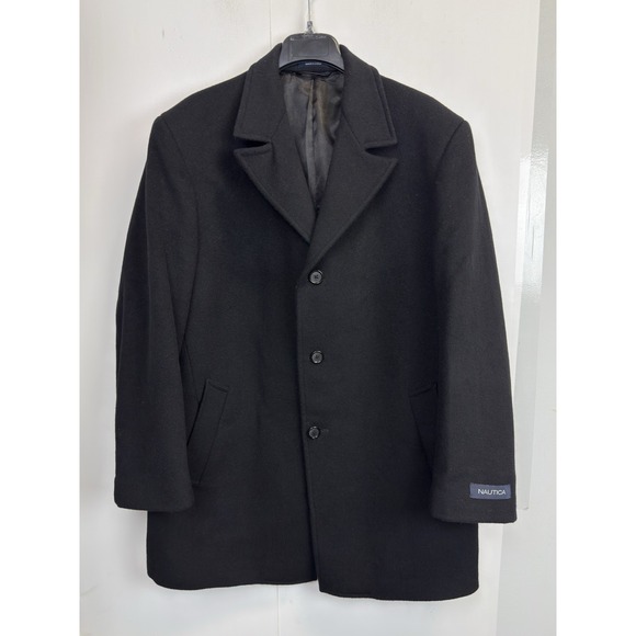 Nautica Mens Overcoat Size 42R Black Wool Blend Lined Pockets Tailored Classic - Picture 1 of 11